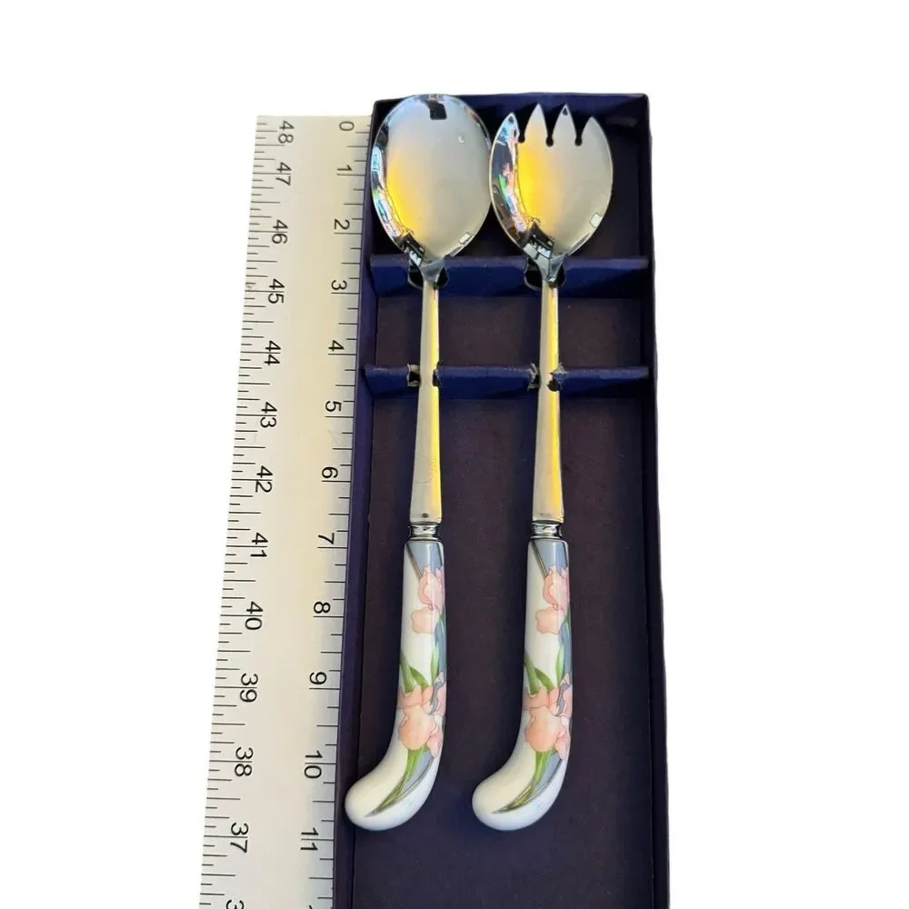 Vintage Sheffield England Stainless‎ Floral Steel Serving Set 2 Porcelain Handle
